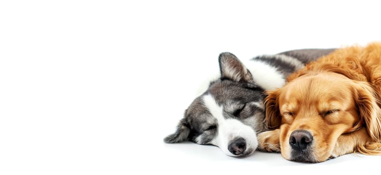 banner.Two peaceful dogs sleeping nose to nose. isolated on white .copy space