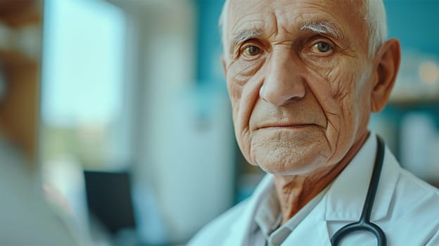 Senior male doctor with a stethoscope displaying a reflective expression.