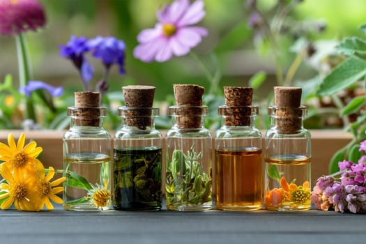 essential oils and medicinal flower herbs in miniature bottles . Vials of essential oils with fresh herbs and flowers on a natural backdrop.