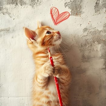 A red tabby kitten holds a pencil and draws a heart on the wall.