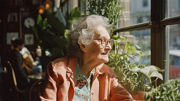 Elderly woman with glasses enjoying the sunlight at a cafe, surrounded by plants.