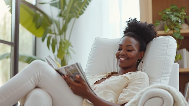 long shot of a 30 year old black woman, relaxing in a white reclining chair in her large bright living room, smiling while reading a magazine