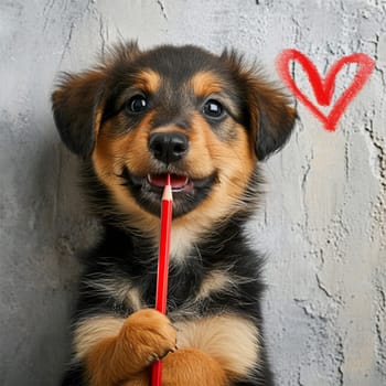 The puppy is playfully holding a pencil in its mouth, with a heart drawn on the wall above