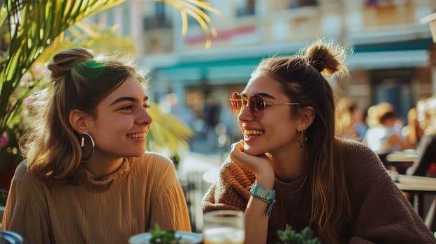 photo of two young happy women in a street cafe, sunny day .Two young women smiling and chatting at a sunny outdoor cafe table