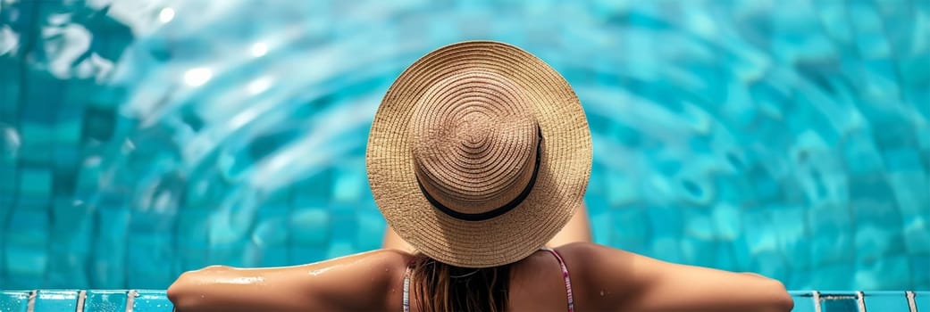 Woman in sun hat enjoys tranquility by the pool, embodying leisure and summer vibes.