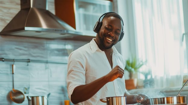 Smiling man enjoying music while cooking in a sunny kitchen. Joyful Cooking Experience
