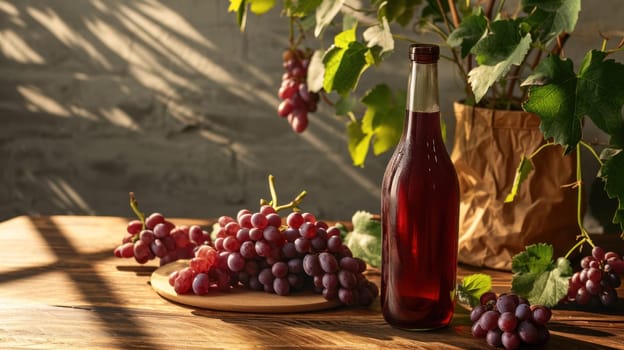 Sunny kitchen with homemade wine and fresh grapes on a wooden table.