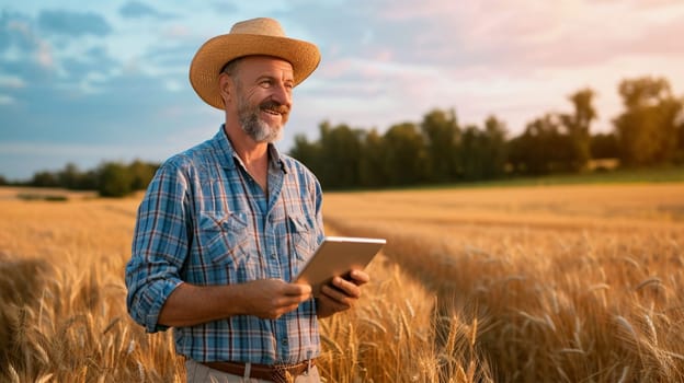 portrait of a farmer with an electronic tablet standing in a wheat field .