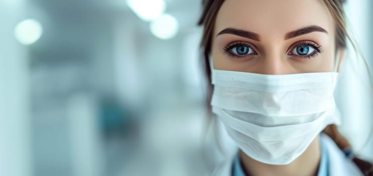 portrait of a young cheerful female doctor in a white medical mask, in a bright room in the hospital .copy space