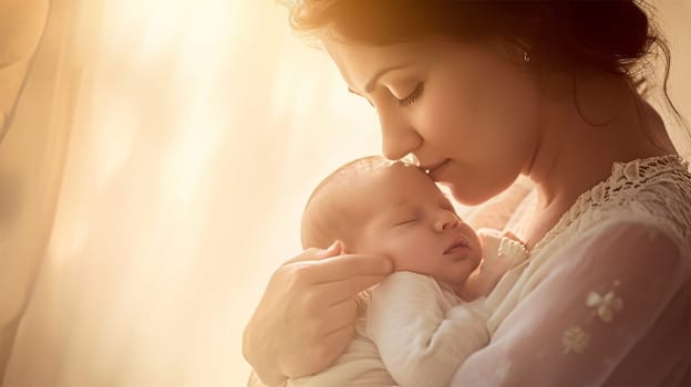 A mother tenderly touches her baby, wrapped in a soft blanket, against a light bokeh background.mothers Day