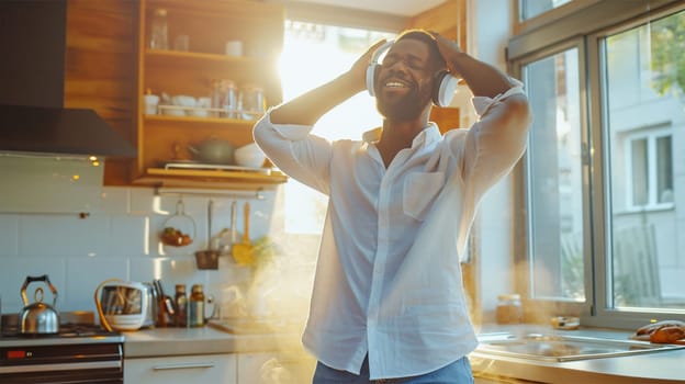 Smiling man enjoying music while cooking in a sunny kitchen. Joyful Cooking Experience