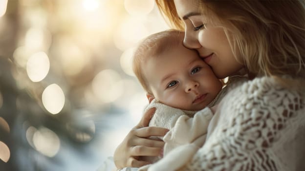 A mother tenderly touches her baby, wrapped in a soft blanket, against a light bokeh background.mothers Day