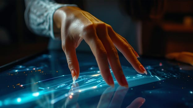 Close-up of a hand interacting with a futuristic holographic touch screen interface.