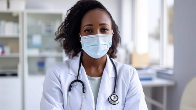 Medical professional in lab coat and mask.