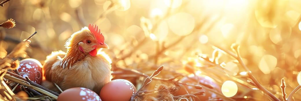 beautiful easter background with chicken and eggs, copy space, light bokeh background