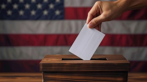 Hand casting ballot with national flag backdrop