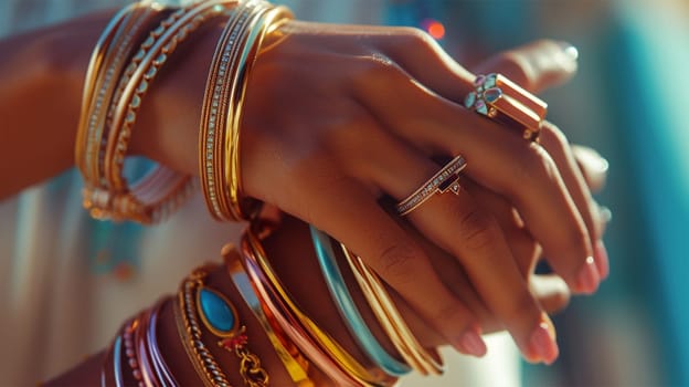 beautiful female hands with many simple stylish bangles in pastel colors .Close-up of a hand gracefully displaying an assortment of gold and gemstone jewelry.