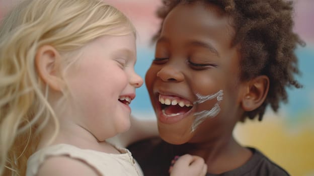 Two happy children, one with face paint, sharing a cheerful moment, embodying friendship and joy.