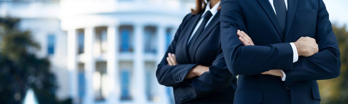 Confident senior executives standing in front of office building.business and management concept banner