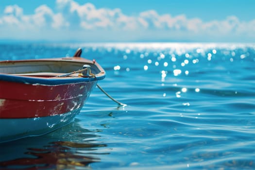 A lonely boat moored on a calm blue sea, sparkling under the sunlight.