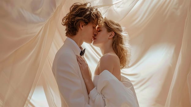 Elegant young couple sharing a romantic kiss, enveloped in soft drapery.