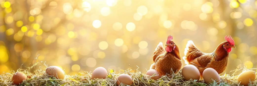 beautiful easter background with chickens and eggs, copy space .Two hens by a nest of eggs, bathed in warm sunlight with a golden bokeh background.