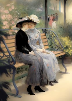 Two young girls in charming 19th century outfits exchange a tender kiss on a park bench. Flowering bushes are scattered around, creating an atmosphere of romance and spring. The people in the distance only add an element of risk to the moment. Like an impressionist painting, the illustration captures a moment of pure emotional beauty