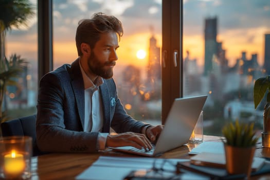 Business man, using a notebook computer in the office, Soft blur building in sunset background, Generate Ai