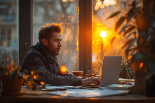 Business man, using a notebook computer in the office, Soft blur building in sunset background, Generative Ai