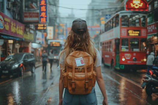 Sustainable tourism reduce global warming and save costs, Travel using buses and walking, American female tourist carrying a travel backpack, walking on the road, Generate Ai