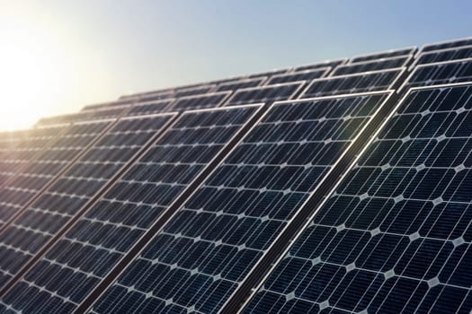 Solar power plant against the rising sun, selective focus on the first solar panel. Alternative energy concept, 3d rendering