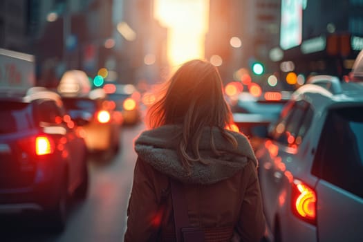 Rear view of a young woman walking among cars. Traffic jam, rush hour concept. AI generated