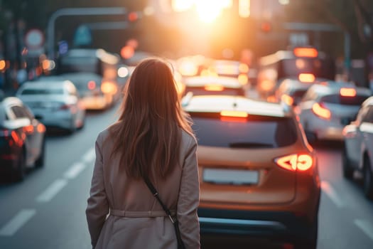 Rear view of a young woman walking among cars. Traffic jam, rush hour concept. AI generated