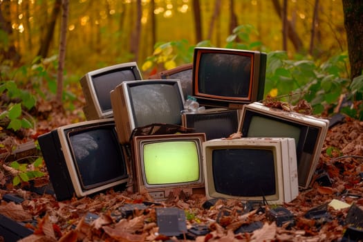 Pile of retro old televisions in the nature. Electronic waste  dumped in a forest. Environment problems concept.AI generated.