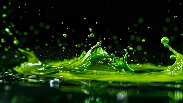 Green splatter effect on a dark background. Close-up of a green liquid splash. AI generated