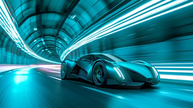A futuristic sports car drives quickly through an abstract light tunnel. AI generated