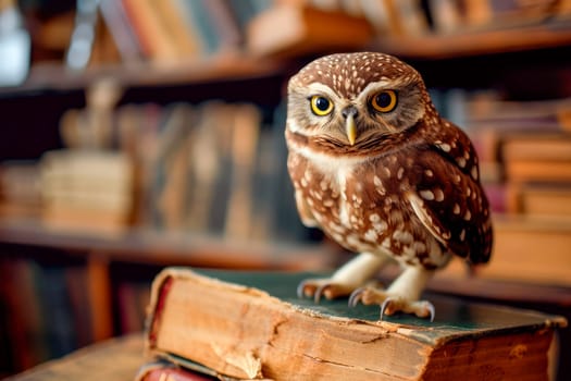 Cute owl and old books, wisdom and knowledge concept. Academic smart, clever and wisdom bird visualization. AI generated