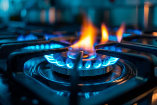 Kitchen gas stove burner alight with blue yellow flame.Gas cooker with burning flames of propane gas. Industrial resources and economy concept. AI generated