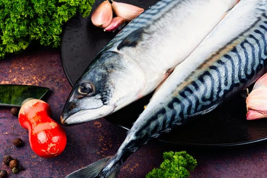 Fresh mackerels and ingredients on light gray table. Preparing mackerel fish to cook.
