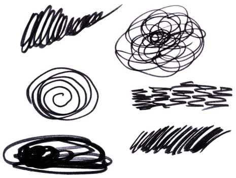 Drawn doodles and chaotic circles on a white background with a black felt-tip pen