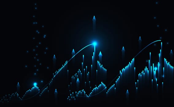 Graph of price growth and indicators. Growth of business indicators, high profit, blue background