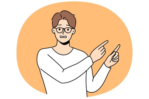 Frustrated man point with finger at empty advertising space. Confused unhappy guy recommend deal or offer feel awkward. Vector illustration.