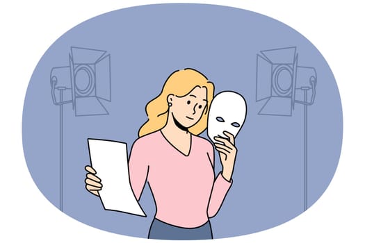 Professional actress with mask in hands rehearse in theatre. Woman with script perform on stage. Artistic profession or occupation. Vector illustration.