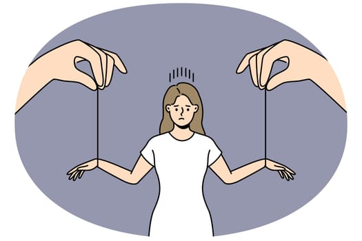 Huge hands with threads manipulate stressed woman. Unhappy female manipulated by boss or employer. Manipulation and leadership. Vector illustration.