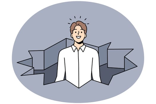 Successful businessman look out of hole in ground feeling powerful. Confident male employee break bottom reach success or business goal. Vector illustration.