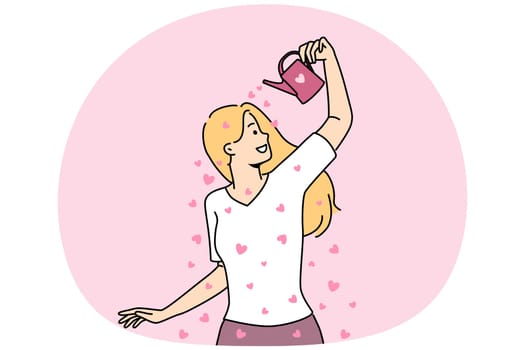 Woman with watering can pouring hearts on herself. Smiling girl feeling in love. Affection and relationships. Vector illustration.