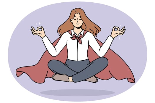 Calm businesswoman in cape meditate floating in air. Relaxed female employee in mantle engaged in meditation relieve stress. Vector illustration.