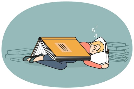 Calm girl sleeping on pillow with huge book cover. Relaxed woman rest nap after reading see dreams. Education, bookworm. Vector illustration.