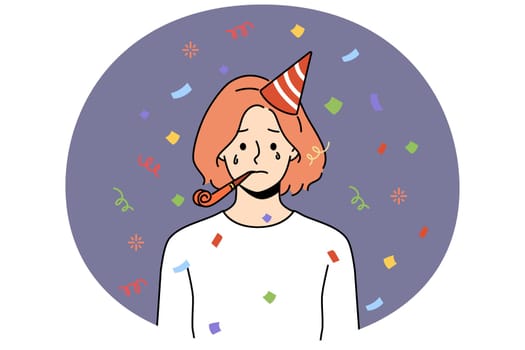 Unhappy woman in birthday hat blow in whistle celebrate anniversary alone. Upset girl feel lonely and abandoned at party celebration. Vector illustration.