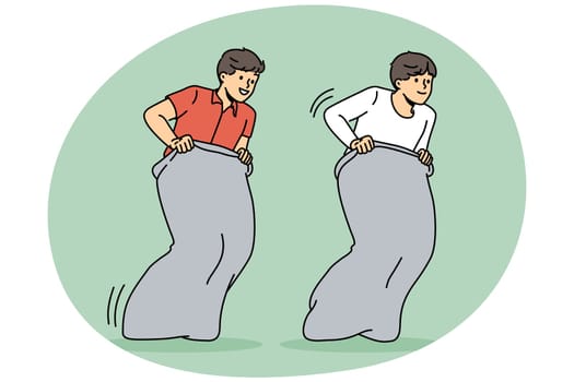 Smiling boys sit in bags jumping during funny activity together. Happy male players racing in sacks. Game and leisure. Vector illustration.